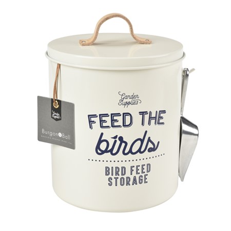 Can for bird food with scoop, sand paint