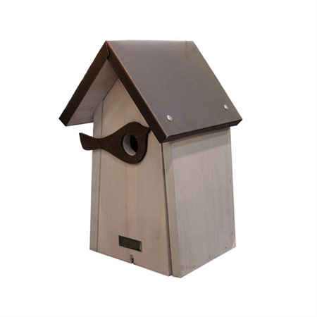 Nest Box Mes 32mm hole, Bird silhouette grey/brown tin roof - Naturemind