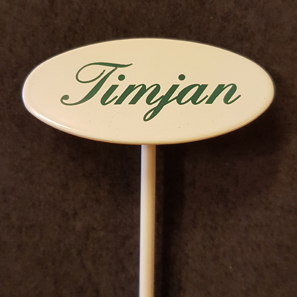 Timjan skylt liten på spjut